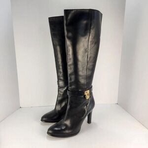 Michael Kors Hamilton Women's 9M Black Leather Knee High Boots Gold Padlock Heel